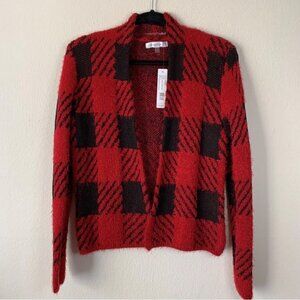 August Silk Buffalo Check Red and Black Open Cardigan